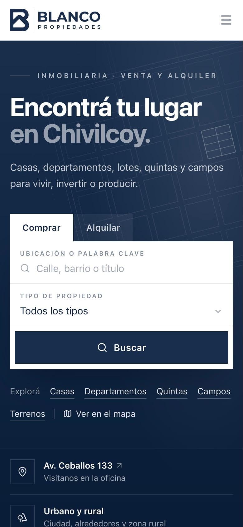 Inicio de Blanco Propiedades en el celular