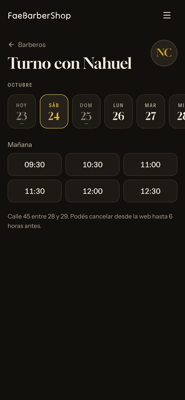 Pantalla para sacar turno en FaeBarberShop